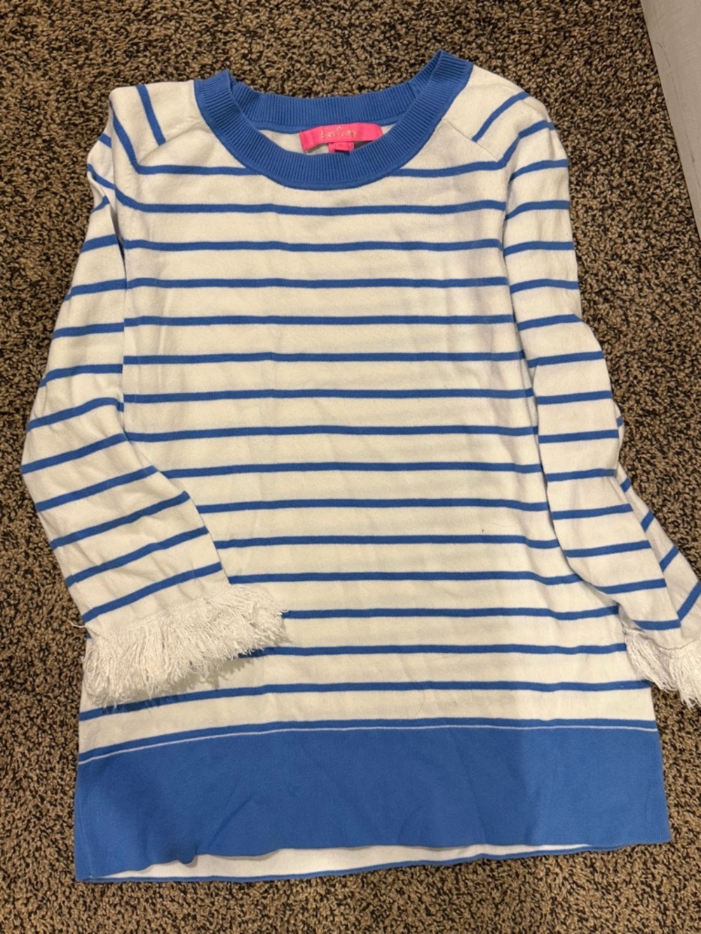 Lilly Pulitzer White & Blue Striped Fringe Cuff Sweater